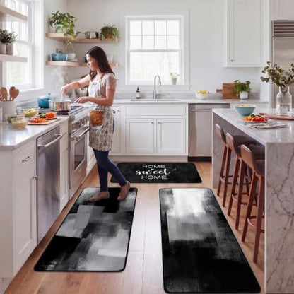 Fourluoo 3 Pcs Farmhouse Black Kitchen Rugs and Mats Set - color: Modern Black