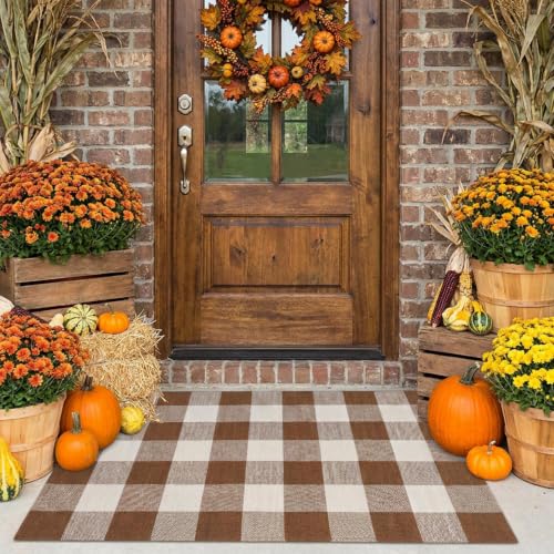 MUBIN Fall Decor Cotton Buffalo Plaid Rug, 27.5x43 Coffee White Outdoor Rug Front Door Decorative Mat, Washable Doormat Foldable Area Rug Layered Door Mats Rug for Front Porch, Entryway, Patio - color: Coffee White Plaid, size: 2'3" x 3'7" (Rectangular)