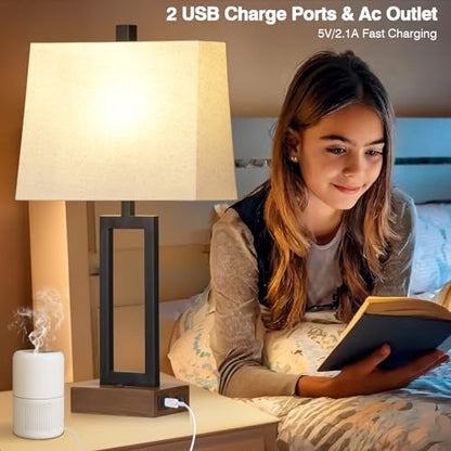 Lolikit Table Lamp for Bedroom Set of 2 with 2 USB Ports and AC Power Outlet, 23.5" Modern Bedside Lamp, Wood Nightstand Lamp with Linen Shade for Living Room Hotel Desk(LED Bulb Included) - color: Beige - 23.5"H