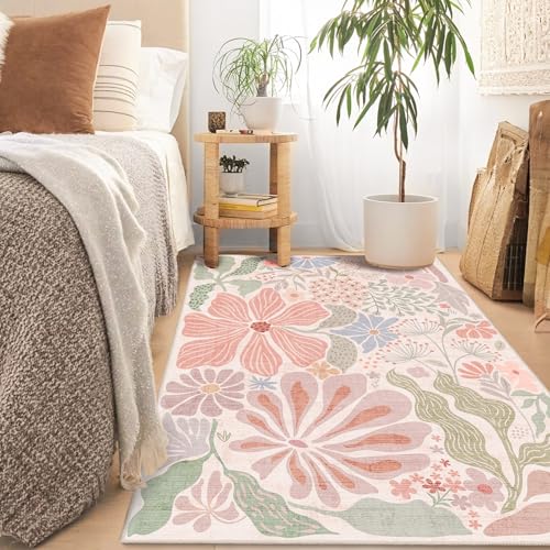 MUJOO Pink 3x5 Washable Rugs,Floral Area Rug Non Slip Low-Pile - color: Pink, size: 3' x 5' (Rectangular)
