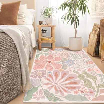 MUJOO Pink 3x5 Washable Rugs,Floral Area Rug Non Slip Low-Pile - color: Pink, size: 3' x 5' (Rectangular)