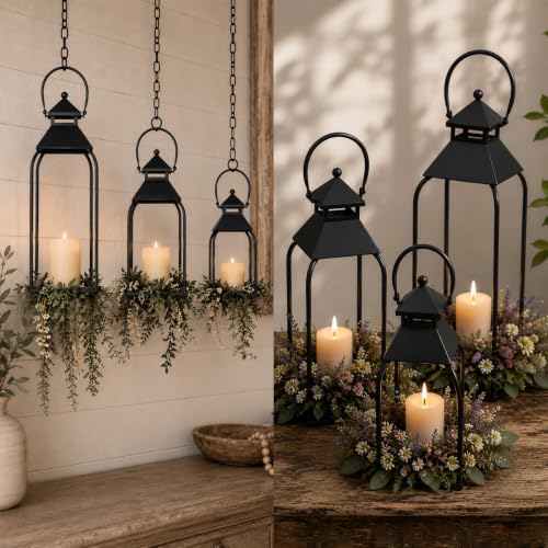 20" 16" 12" Farmhouse Metal Lanterns, Arched Handle Candle Holder for Porch