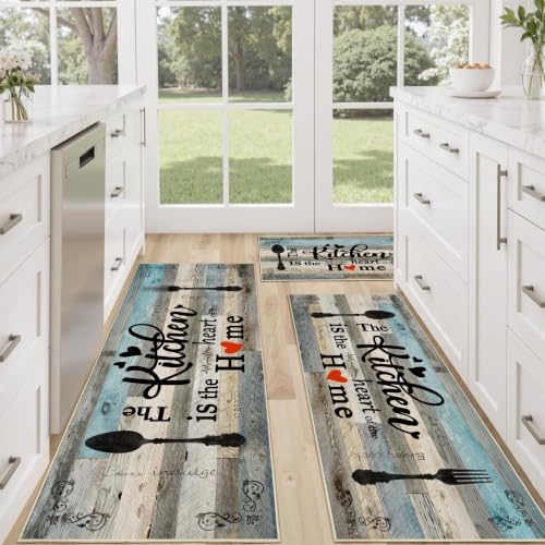 Non Slip Kitchen Mats for Floor Washable Kitchen Rugs Sets of 3, Turquoise - color: Heart-turquoise, size: 20"x32"+20"x48"+20"x59"