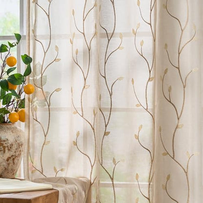 jinchan Beige Leaf Voile Embroidered Curtains 96 Inch Grommet Top 2 Panels - color: Vine Grommet Beige, size: 55"W x 96"L (Pack of 2)