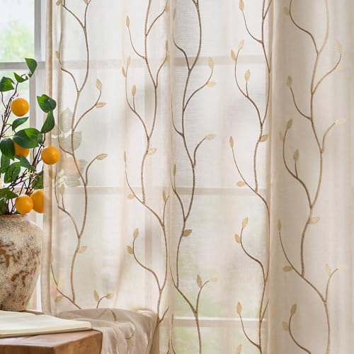 jinchan Beige Leaf Voile Embroidered Curtains 96 Inch Grommet Top 2 Panels - color: Vine Grommet Beige, size: 55"W x 96"L (Pack of 2)