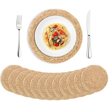 Round Woven Placemats Set of 12，13 Inch Natural Rattan Placemats Hand-Woven Water Hyacinth Placemat Farmhouse Rustic Braided Boho Wicker Table Mats for Christmas Dining Table Wedding Home (13 Inch) - size: 13