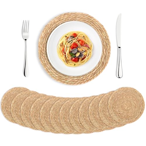 Round Woven Placemats Set of 12，13 Inch Natural Rattan Placemats Hand-Woven Water Hyacinth Placemat Farmhouse Rustic Braided Boho Wicker Table Mats for Christmas Dining Table Wedding Home (13 Inch) - size: 13