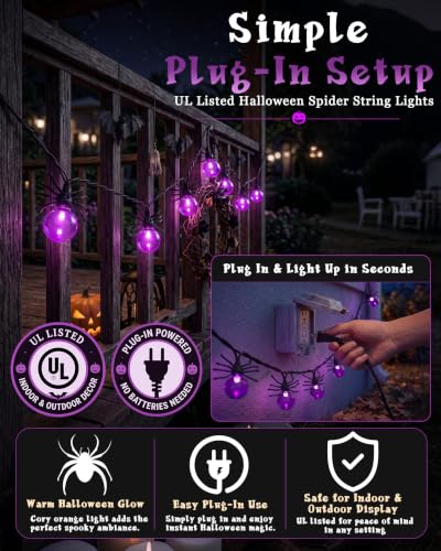 12FT Halloween Purple Spider String Lights, Plug-in 20 LED Decor - color: Purple Spider Lights