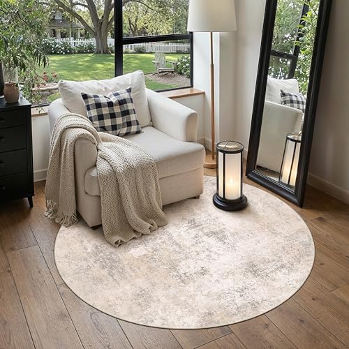 HUGEAR 4ft Round Beige Abstract Washable Rug for Living Room - color: Beige, size: 4' (Round)
