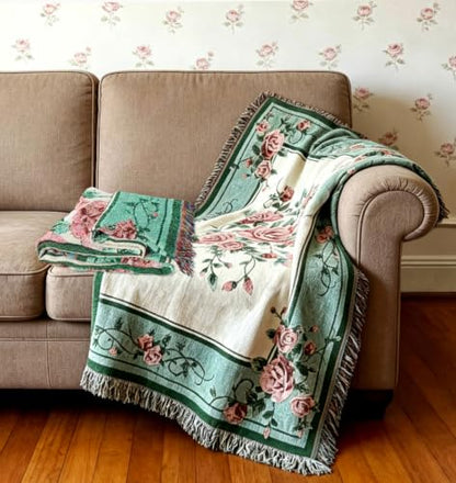 Rose Jacquard Woven Tapestry Throw Blanket 50"x60" - color: Rose
