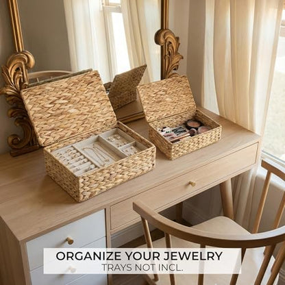 Decorative Storage Boxes with Lids - Set of 2 Wicker Organizer Shelf Bins
