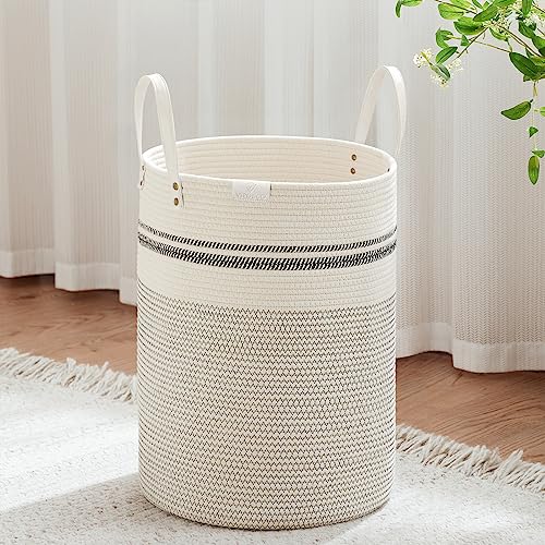 VIPOSCO 58L Tall Woven Rope Laundry Hamper, Leather Handles, Stripe White - color: Stripe White, size: 58L