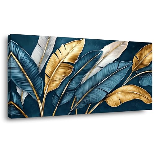 Navy Blue Tropical Leaf Wall Art for Living Room Canvas Painting Prints Botanical Banana Leaves Nature Gold Modern Artwork Office Bedroom Family Decor Extra Large - color: Gold and Blue Wall Art(k828), size: 58L" x 28W"