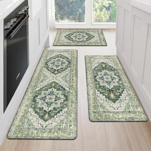Cushioned Kitchen Rug Sets 3 Piece Anti Fatigue Mats for Floor Non Slip Waterproof Comfort Standing Mat Runner for Home Office, Sink, Laundry - color: Green