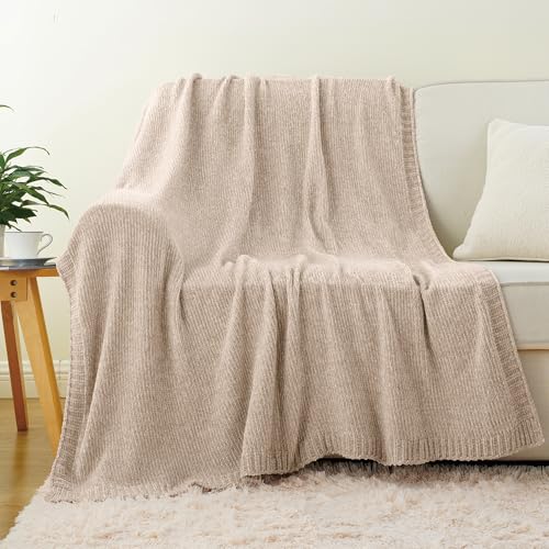 Beige Throw Blanket for Couch, Soft Chenille Throw Blanket 51"x67" - color: Beige