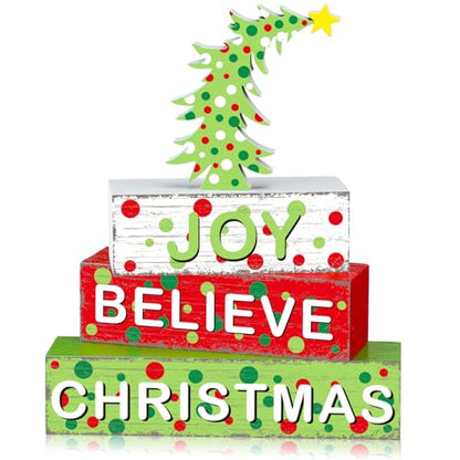 Geelin 4 Pcs Christmas Tree Green Wooden Table Blocks Tiered Tray Decor - style: Christmas Tree