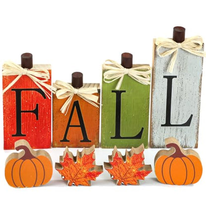 WOHOHOHO 8Pcs Wooden Fall Decorations for Home, "FALL" Wood Table Decor, Pumpkin & Maple Leaf Signs. Rustic Wooden Autumn Thanksgiving Decorations for Home Office Room Bedroom Mantel Tiered Tray