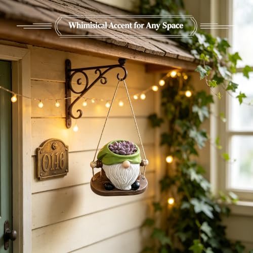 4" Swing Hanging Gnome Resin Pot with Drainage, Succulent Garden Decor Gift - color: A03-hanging Green Gnome