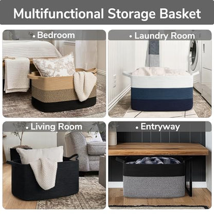 Goodpick Large Woven Rope Blanket Basket, Rectangle, Black & Gray - color: Black & Gray, size: Large(21.6"L x 14.9"W x 11.8"H)