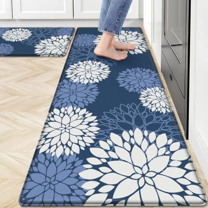 Kitchen Mats 2 Piece Set, Anti Fatigue Non Slip Cushioned Floor Rugs, Blue - size: 17.3"W×59"L+17.3"W×30"L-0.4"Th