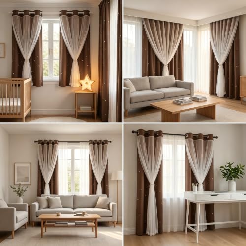 Coffee Kids Star Cutout Curtains for Bedroom 52" W x 45" L 2 Panels - color: Coffee, size: 52"W x 45"L (Pack of 2)