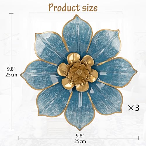 Villa Como Set of 3 Blue and Gold Metal Flowers Wall Art Decor 10" - color: # 3 Blue and Gold