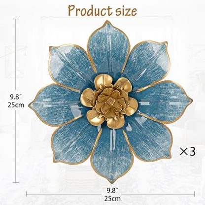 Villa Como Set of 3 Blue and Gold Metal Flowers Wall Art Decor 10" - color: # 3 Blue and Gold