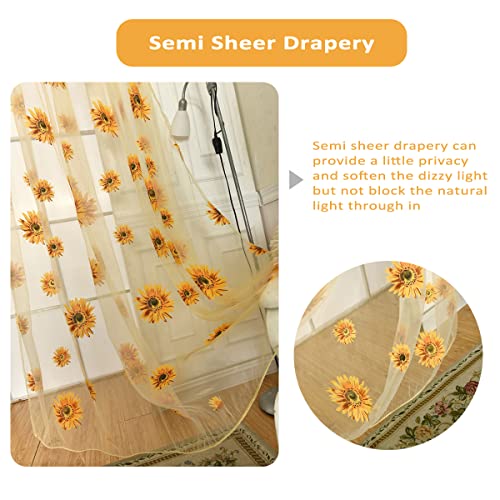 Ufurty 2pcs Sunflower Window Curtain Yellow Floral Voile Sheer Curtains - color: Yellow, size: 39.4"W x 78.7"L (Pack of 2)