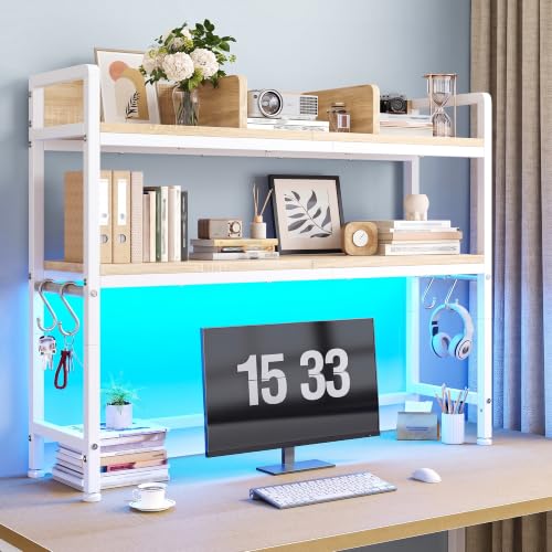 REIBII 2-Tier Desk Shelf with LED for Bedroom and Home Office, White - color: White, size: 7.8"D x 37.5"W x 38.7"H