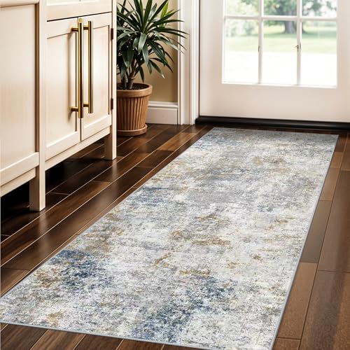 Washable 2x5 Hallway Runner Rug: Abstract Modern Non Slip Entry Floor Mat - color: Blue/Beige, size: 2' x 5' (Rectangular)