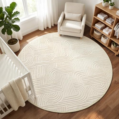 Etwel 6.5 ft Beige Geometric Textured High-Low Pile Washable Round Rug - color: Neutral Beige, size: 6'5"