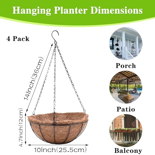 EIMQUVW Metal Hanging Planters Basket Set of 4 Hanging Flower Pots 10 Inch Chain Round Wire Plant Holder with Coco Coir Liner Garden Watering Hanging Baskets for Patio Garden Outdoor1