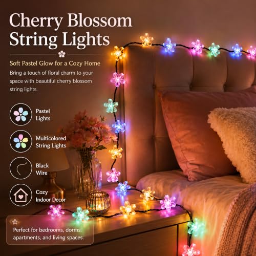 Pastel Easter Flower String Lights, 33ft 100 LED USB Powered with Timer - color: Multicolor