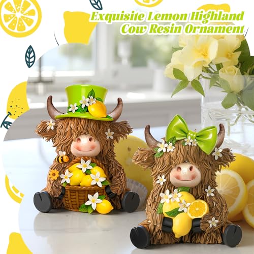 2 Pcs Resin Highland Cow Figurines Decor, Lemon Style - style: Lemon