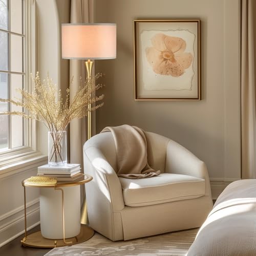 Globe Electric 61000150 60" Floor Lamp, Antique Brass Finish, Beige Fabric Shade, Mid-Century Modern Standing Lamp, E26 Base, Sustainable Design for Living Rooms and Bedrooms - color: Antique Brass, Maclaine