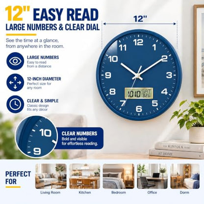 12 Inch Analog & Digital Wall Clock with Date for Office & Home
