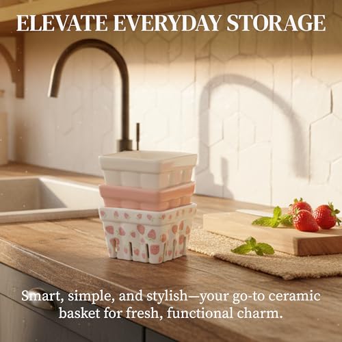 BIEN BEAU Pink Ceramic Berry Bowl with Colander,Set of 4 Strawberry Baskets - color: White,Pink