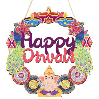 Wood Wreath for Front Door Porch Window Wall Hanging Decor (Diwali) - style: Diwali