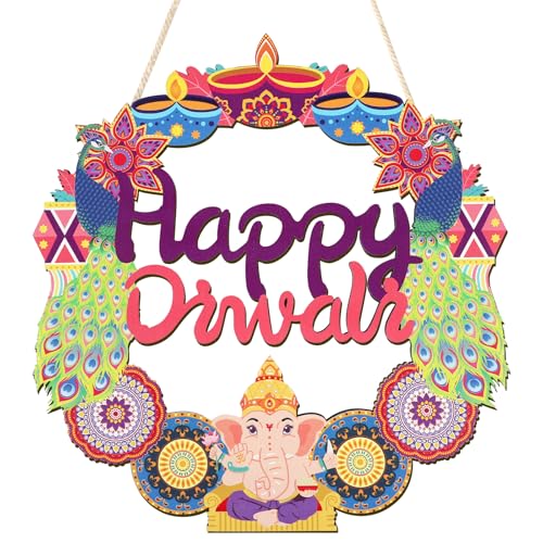 Wood Wreath for Front Door Porch Window Wall Hanging Decor (Diwali) - style: Diwali