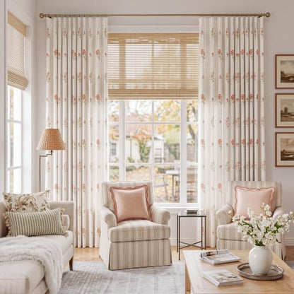 Pinch Pleat Linen Blend Curtains Beige Stripe Floral, 40"W x 90 Inches Long - color: Beige Stripe, size: 40"W x 90"L (Pack of 2)