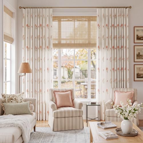 Pinch Pleat Linen Blend Curtains Beige Stripe Floral, 40"W x 90 Inches Long - color: Beige Stripe, size: 40"W x 90"L (Pack of 2)