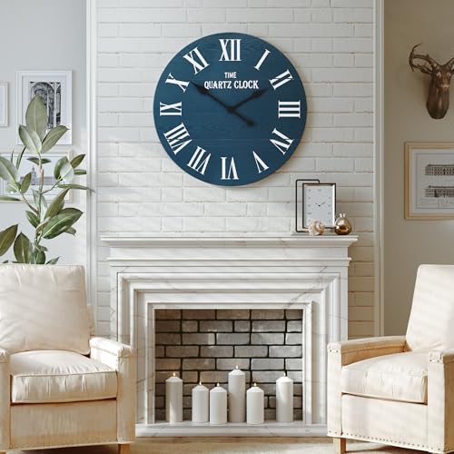 ARTPOWER 24" Extra Large Farmhouse Wall Clock,Solid Wood Veneer,Blue - color: Blue, size: 24"W x 24"H