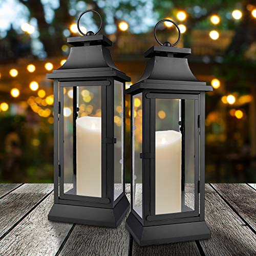 Serene Spaces Living Black Metal Hurricane Lantern with Clear Glass – 15" Tall, 5" Square. Versatile Hanging/Tabletop Candle Holder for Weddings, Parties, Indoor & Outdoor Home décor. - size: Medium, Pack of 1