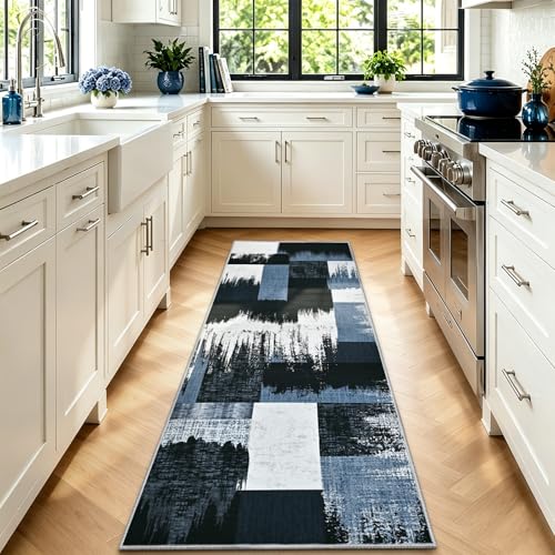 Yinhua Geometric Runner Rug 2x7 Modern Hallway Runner Rugs Low Pile Washable Rugs Non Slip, Soft Faux Wool Area Rug for Bedroom, Kitchen, Laundry, Bathroom, Blue and Gray Carpet No Shedding - color: Blue and Gray, size: 2' x 7'
