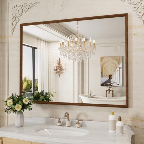 WEER Walnut Bathroom Vanity Mirror 48X36 Inch - color: Walnut, size: 48"L x 36"W