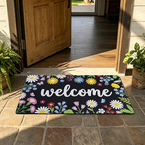 Welcome Mat 17x29 Non Slip Rubber Back Door Mat Outside Entrance - color: Colorful Flowers