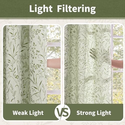 BGment Green Leaf Linen Curtains for Living Room 63 Inch Length 2 Panels - color: Green, size: 52"W x 63"L (Pack of 2)