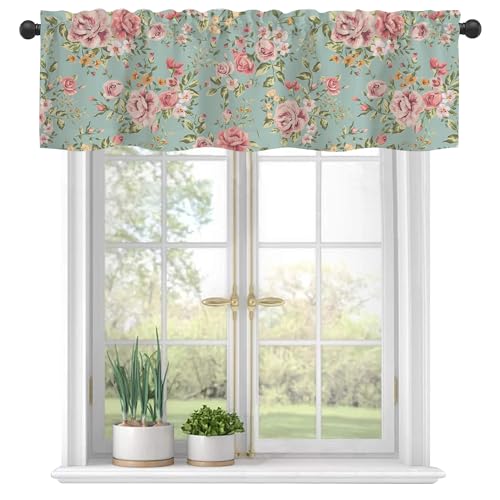 Curtain Valances, Green Vintage Flower Semi Sheer Kitchen Windows Valances, Rod Pocket Short Window Treatment Light Filtering Decor Valances for Kitchen Living Room Bedroom Windows - 54"x18" - color: Vintage Floral Flowers, size: 18"W x 54"L (Pack of 1)