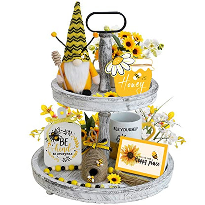 Bee Tiered Tray Decor Set, 6 Pcs Summer Farmhouse Decor with Gnome, Bee Hive, Sunflower Wood Signs & Garland, Rustic Countertop Kitchen Coffee Bar Decorations - style: Bee