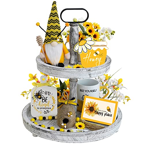 Bee Tiered Tray Decor Set, 6 Pcs Summer Farmhouse Decor with Gnome, Bee Hive, Sunflower Wood Signs & Garland, Rustic Countertop Kitchen Coffee Bar Decorations - style: Bee
